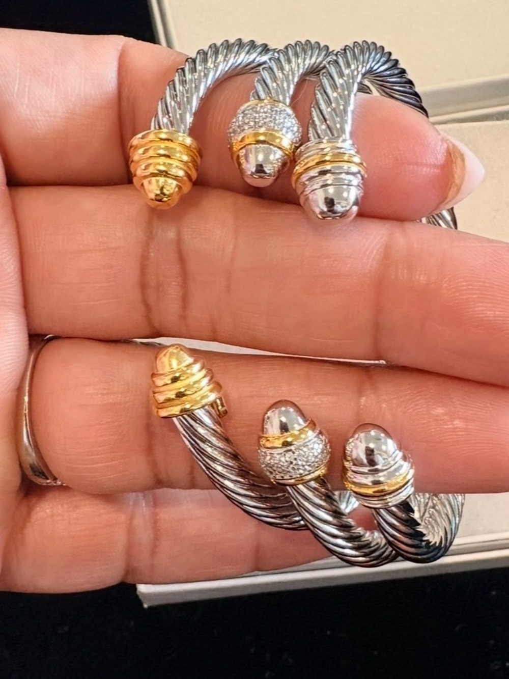 Two-Tone Silver and Gold Cable Cuff Bracelet Set